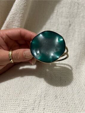 Vintage Green Shell enamel Statement Cuff Bracelet - Gold Tone